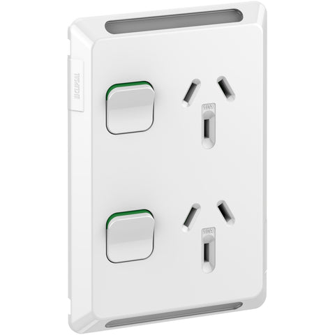 Clipsal Pro Series Twin Power Point Vertical Mount 250V 10A Extra Vivid White - P3025V-XW - ARCK Electrical Wholesale Supplies