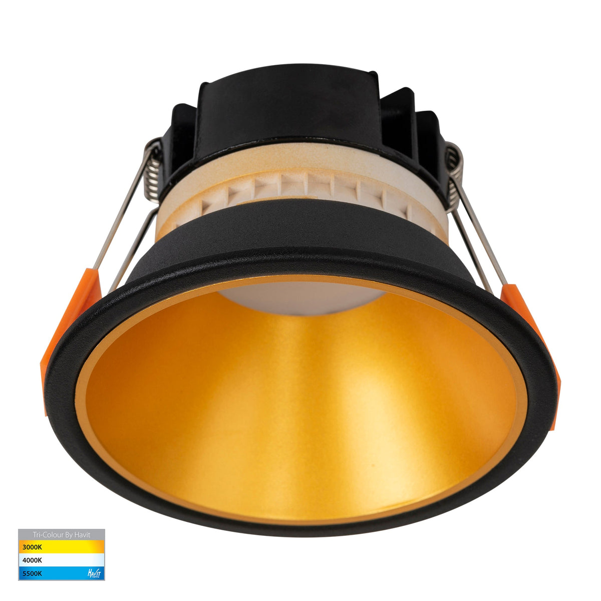 Gleam Black with Gold Insert Tri Colour Fixed Deep LED Downlight - HV5528T-BG
