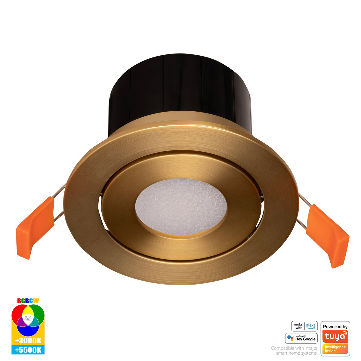 Prime Brass Coloured Tilt RGBCW WIFI LED Downlight - HV5512RGBCW-BR