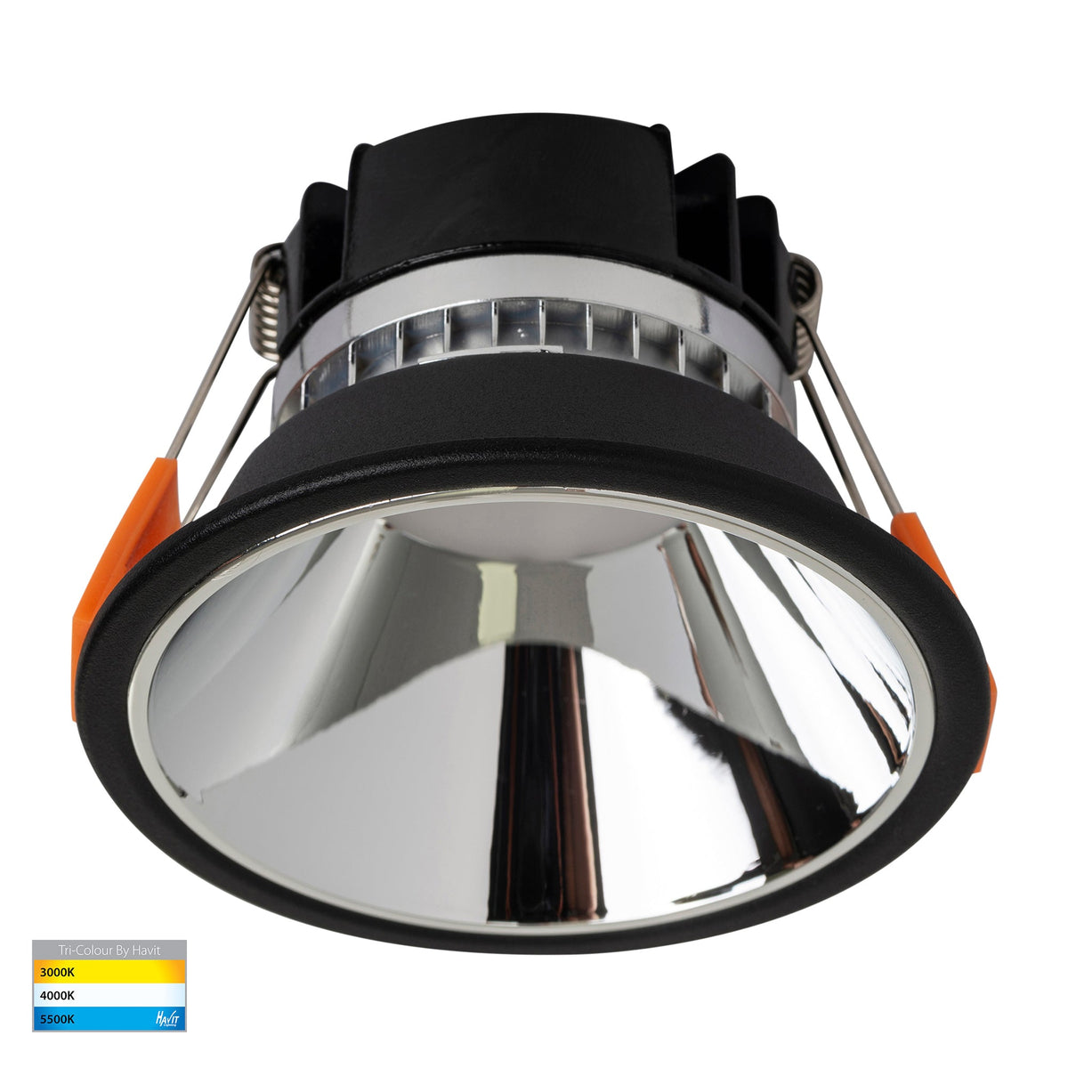 Gleam Black with Chrome Insert Tri Colour Fixed Deep LED Downlight - HV5528T-BC