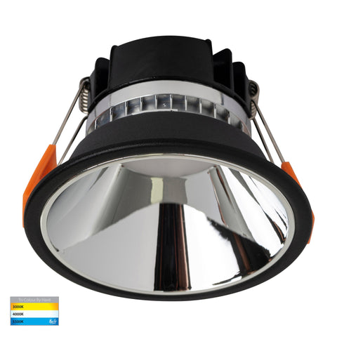 Gleam Black with Chrome Insert Tri Colour Fixed Deep LED Downlight - HV5528T-BC