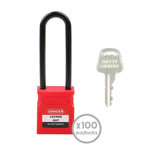 Red KA 100 Pack Padlock Dielectric Shank 76mm - Volt Safety - LOCK-NR-76-KA-100