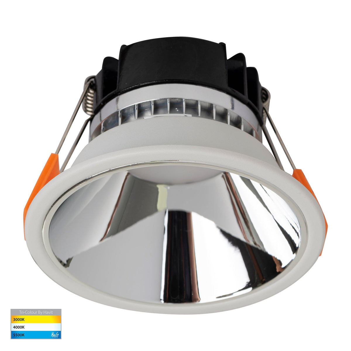 Gleam White with Chrome Insert Tri Colour Fixed Deep LED Downlight - HV5528T-WC