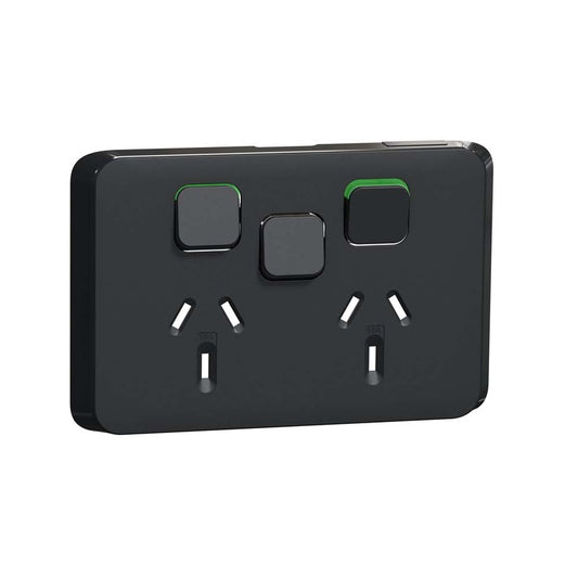 Clipsal Iconic Double PowerPoint + Extra Switch, Skin Black - 3025XC-XB